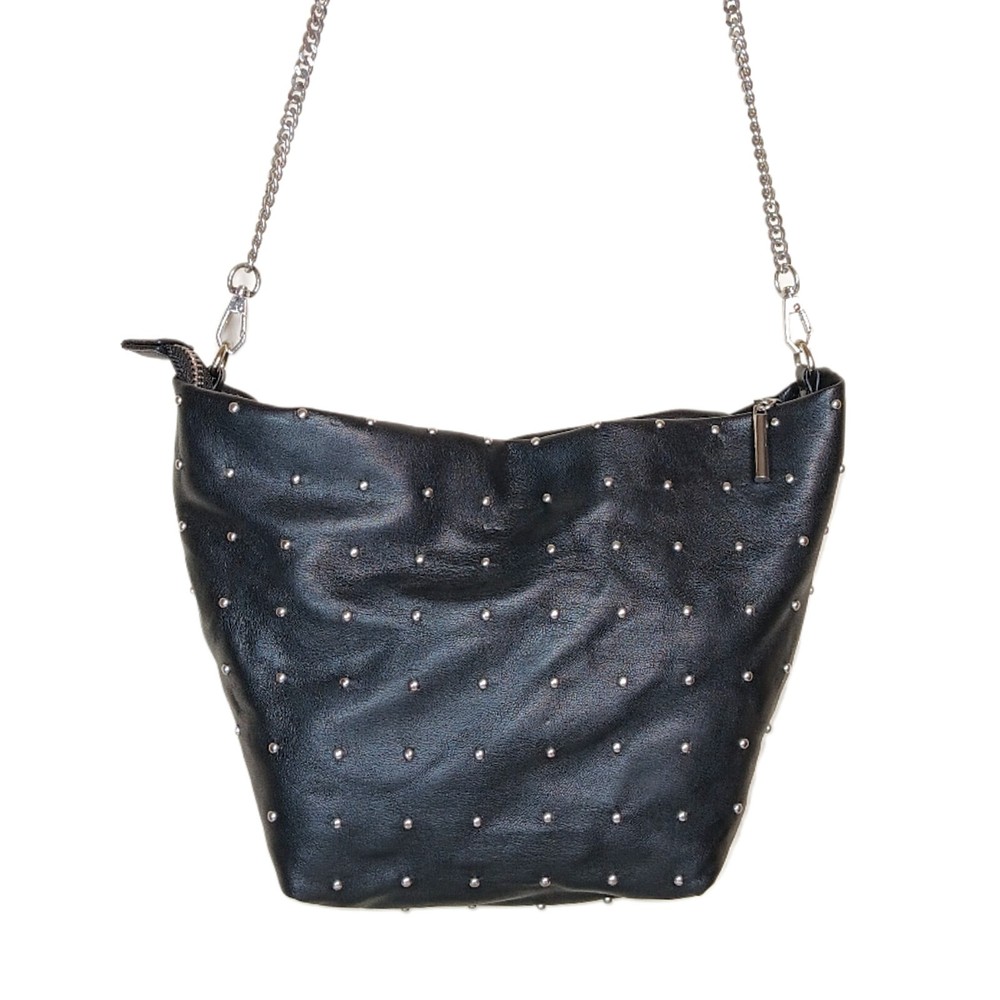 Zara Black Faux Leather Studded Crossbody Bag with Silver Chain Strap