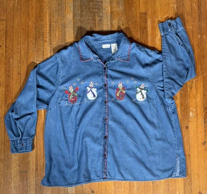 VTG White Stag Christmas Holiday Denim Button Down Shirt Women's SIze 22W