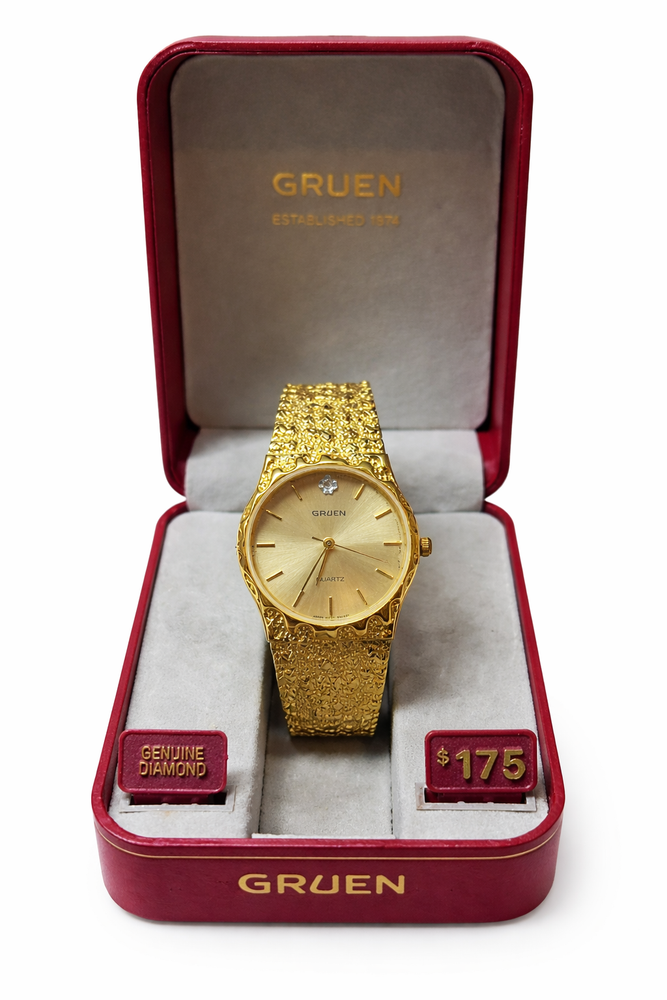 Vintage Gruen Quartz Gold Tone Watch w/ Diamond Dial – Box – Working