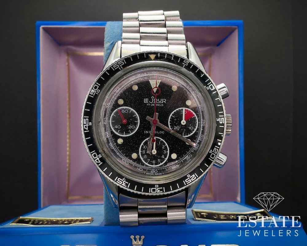 Vintage LeJour Chronograph Black Starry Dial Valjoux 7736 Mens Watch i17401