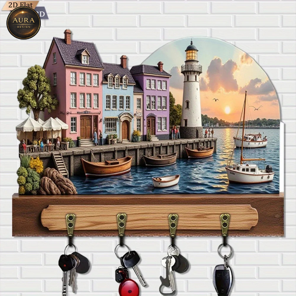 Wall Keychain 30cm - Coastal City Organizer 2D 4 Hooks Entrance
