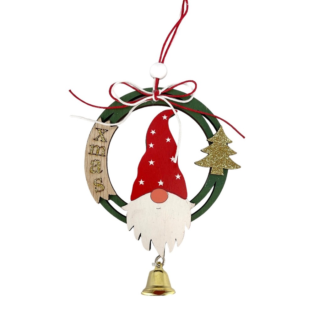Gnome and Christmas Tree Wood Christmas Ornament with Hanging Bell 6 Inch