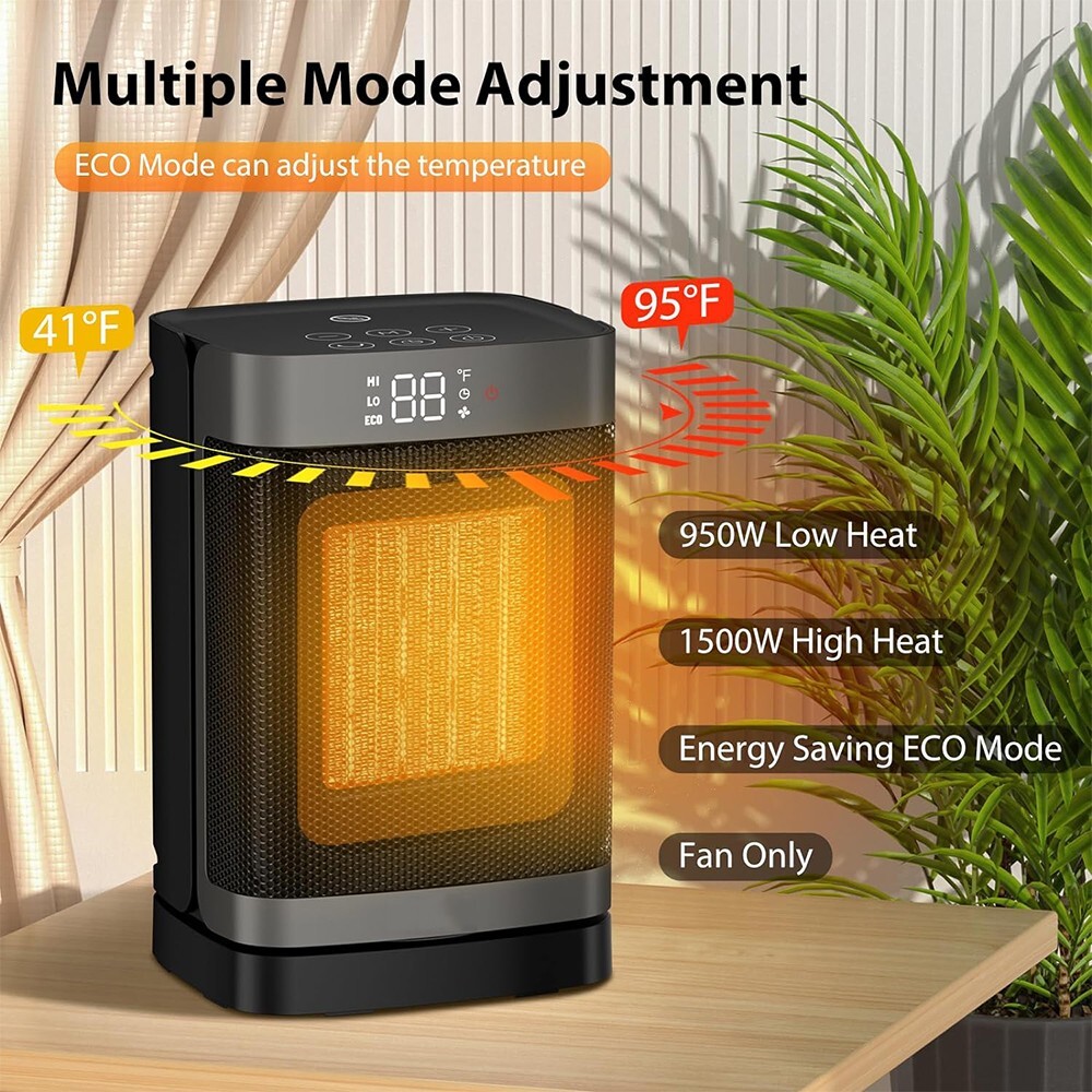 60° Oscillating 16-Inch PTC Space Heater with Thermostat for Indoor Use