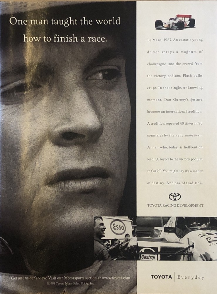 1998 Toyota Racing VTG 1990s PRINT AD Dan Gurney 1967 Le Mans Champagne Spray