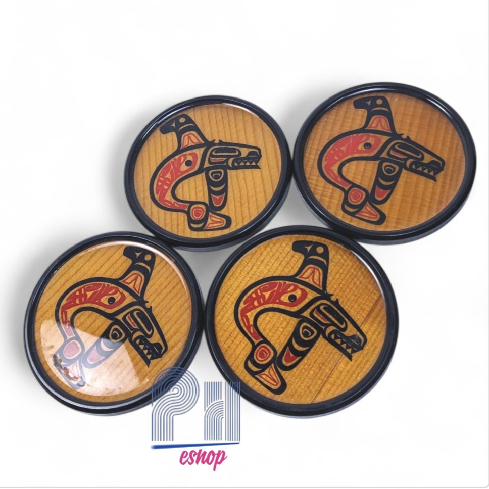 Vintage BOMA Whale Totem Cedar Coasters Set of 4 Hand-Printed Abstract Design  