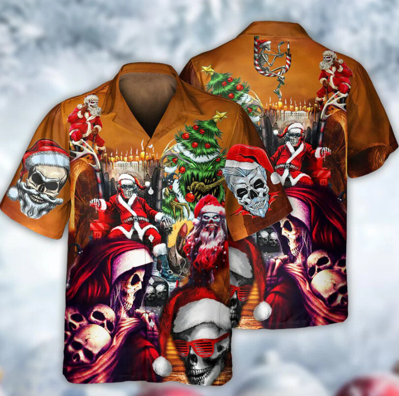 Preciosa Camisa Hawaiana Calavera Papá Noel Navidad 3D Talla EE. UU. IMPRESIÓN TOTAL