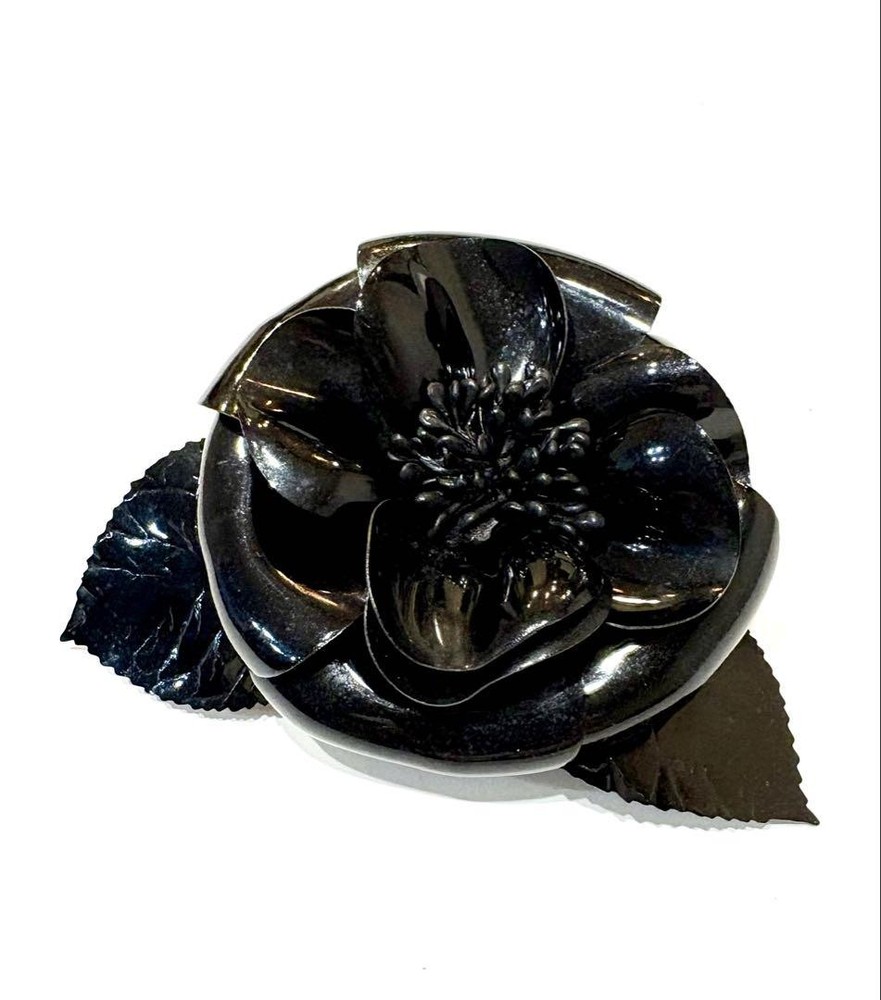 Chanel Vintage Black Plastic Camellia Corsage Brooch with Leaves