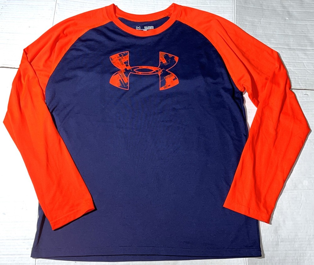 Under Armour Blue Orange Long Sleeve Heat Gear Loose Athletic Shirt Top YXL XL
