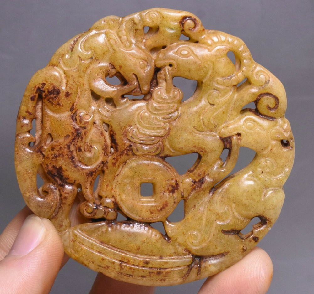7CM Hongshan Culture Jade Fengshui Double Sheep Yu Bi Amulet Pendant