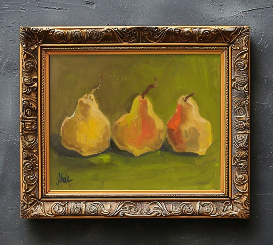 Three Pear Oil Painting Fruit Impasto Original Wall Art Food Painting