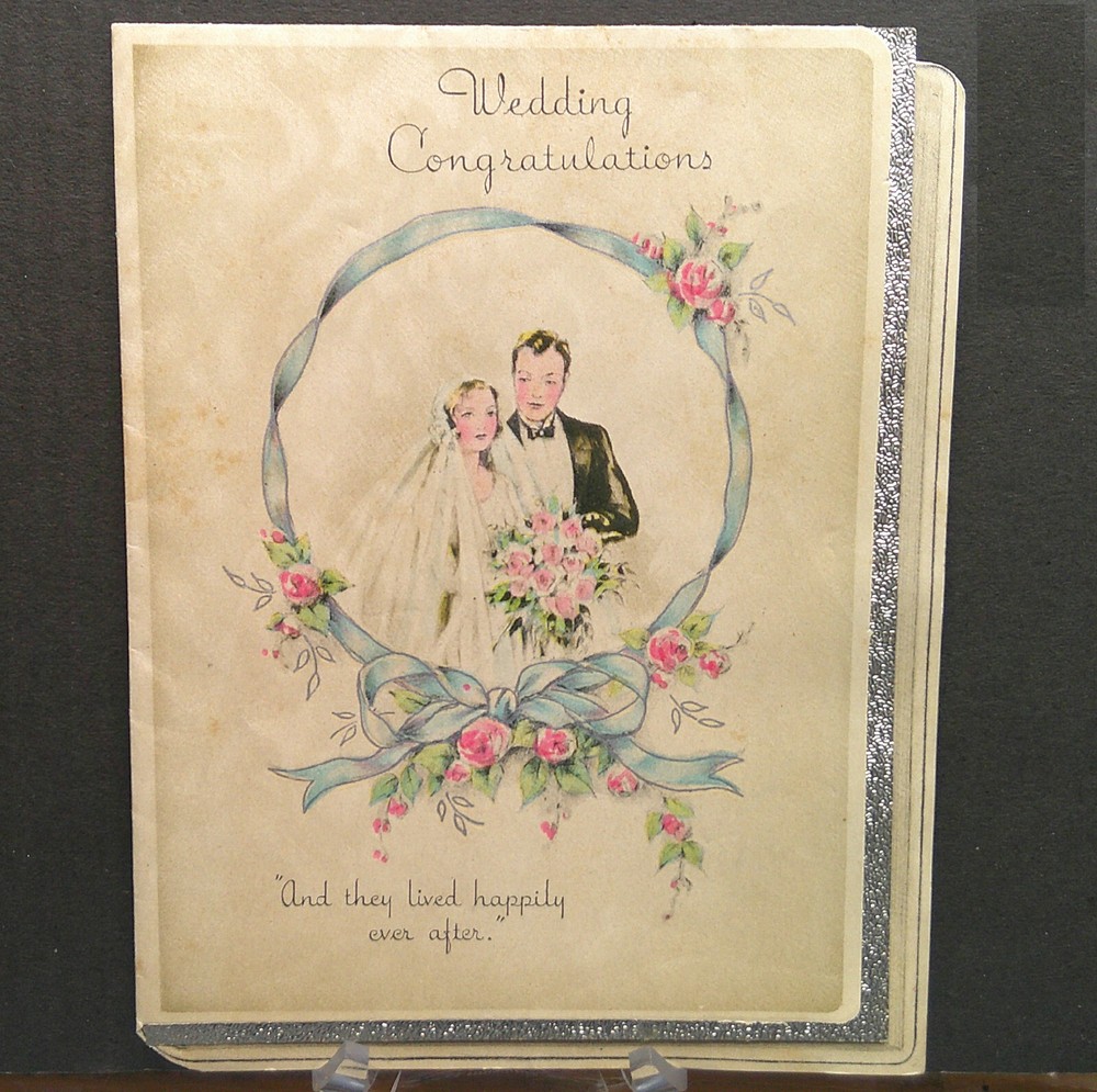 Antique 1930s Vintage 1939 Paper Foil Wedding Congratulations Groom Bride Card