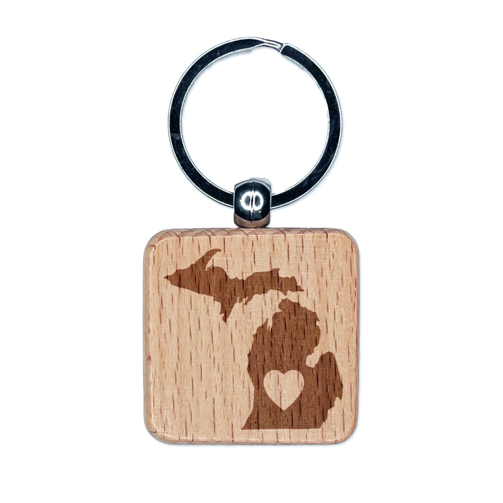 Michigan State with Heart Engraved Wood Square Keychain Tag Charm