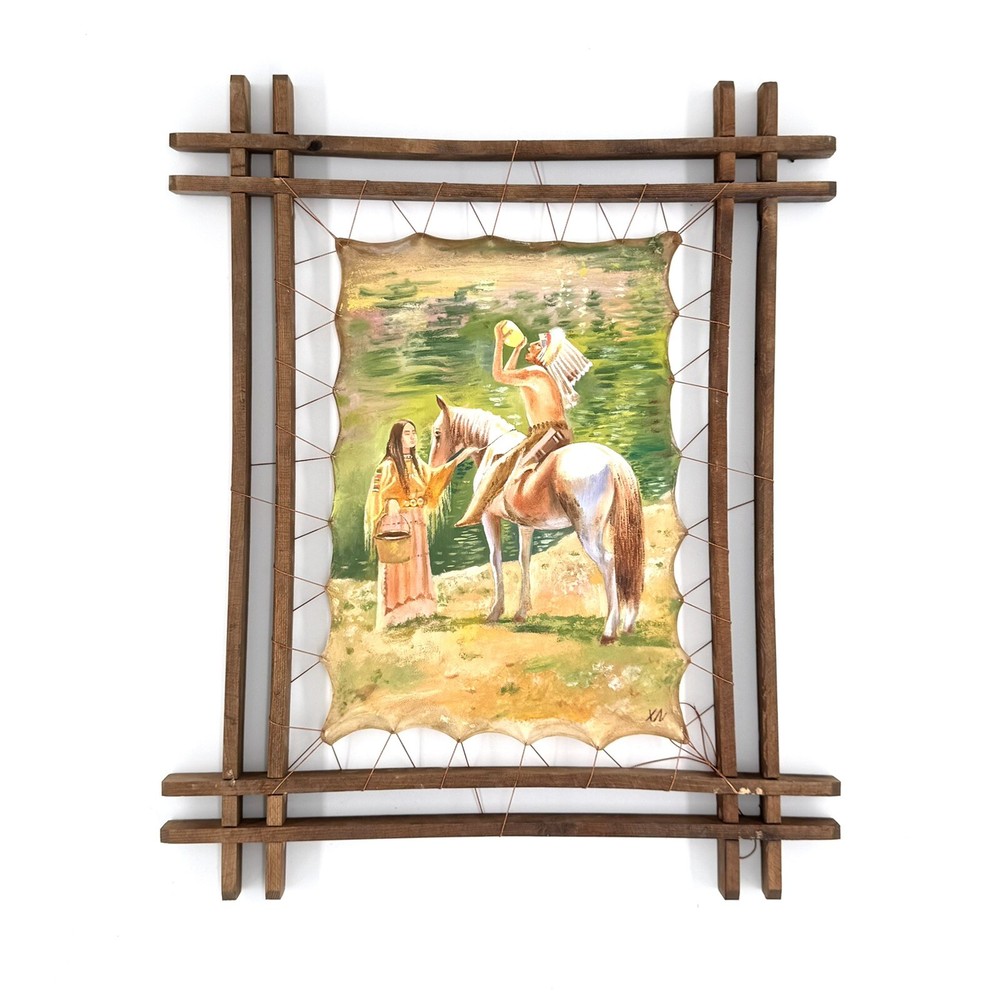 Native American Portrait Framed Leather Oil Painting Wall Art Decor