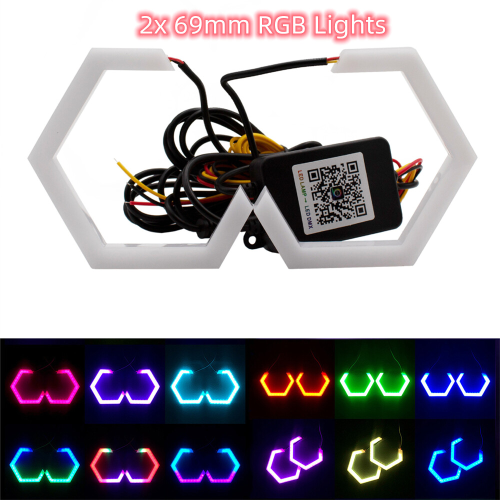 2x RGB 69mm Hexagon Shape LED Angel Eyes Halo Ring Headlight Retrofit Lamp