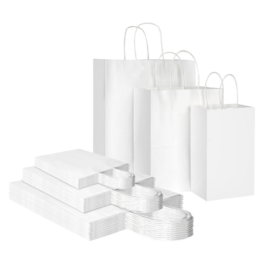 90 Pack White Kraft Paper Bags with Handles Bulk, 3 Assorted Sizes Gift Wrap ...