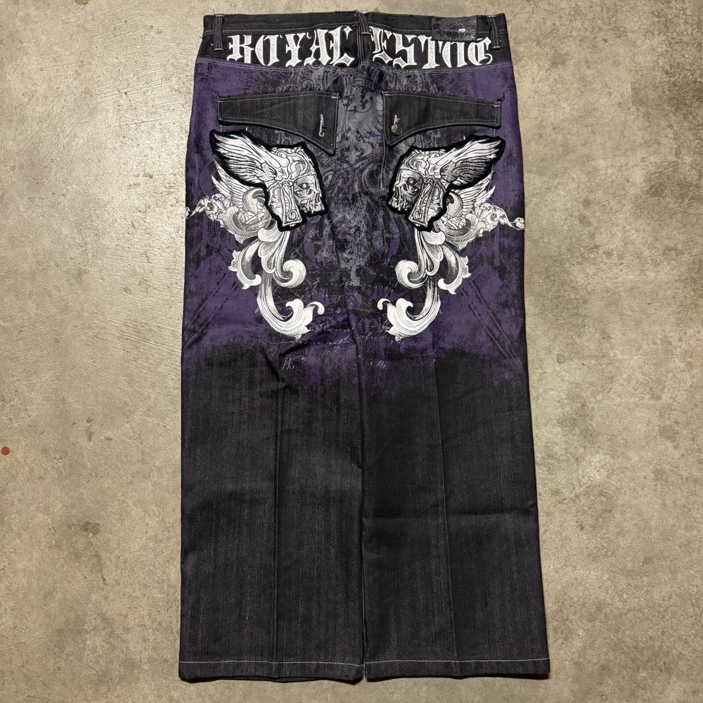 Raw Blue Jeans Men's 44x32 Denim Purple Embroidered Pants Baggy Rap Y2K Vintage