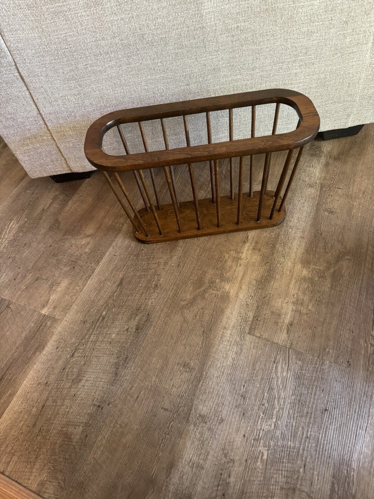 Mid-century Wood Magazine Rack Vintage Dark Wood Stained 20in Oval Shaped