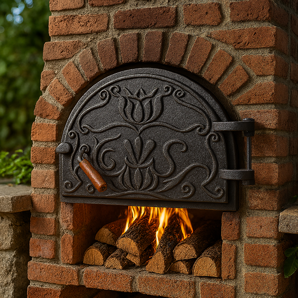 Rustic Carved Cast Iron Pizza Oven Door for Clay Ovens with Durable Design