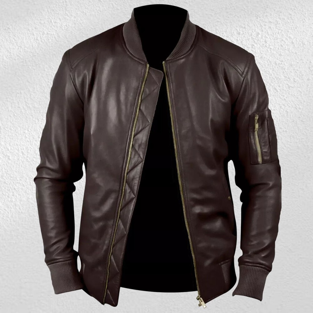 Slim Fit Mens Brown Bomber Leather Jacket Genuine Lambskin Motorcycle Style