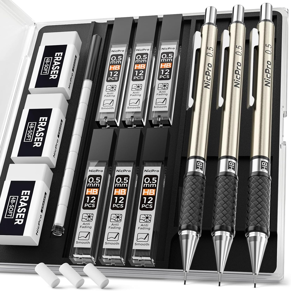 Nicpro 0.5 Mm Art Mechanical Pencil Set in Storage Case, 3 PCS Metal Drafting