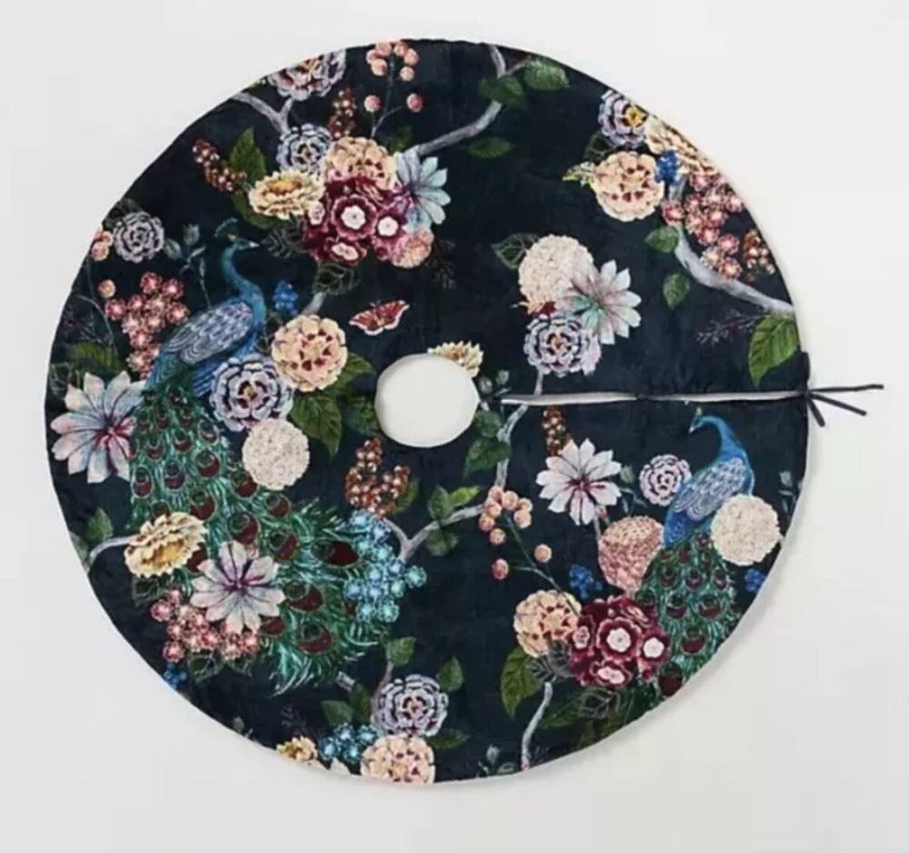 Anthropologie Jaya Flora Peacock Botanical Velvet Tree Skirt