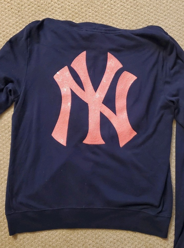 VS Pink Yankees Sweatshirt womens Large Black Neon sequins logo bling y2k VTG