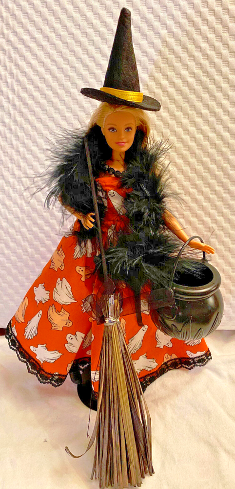 Witch Barbie Doll OOAK Halloween Hand Made dress, necklace and boa.