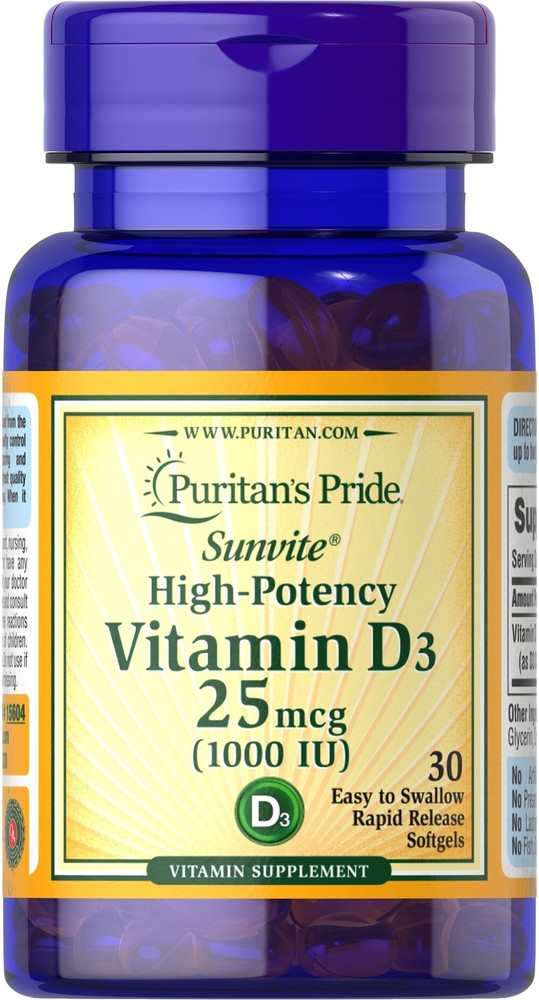 Puritan's Pride Vitamin D3 25 mcg (1000 IU) Trial Size-30   Rapid Release