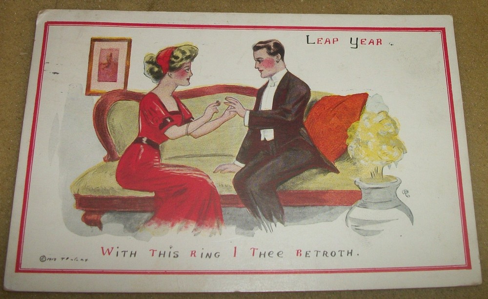 Leap Year Day Woman Proposes to Man Ring Tradition Suffragette Vtg Postcard R8