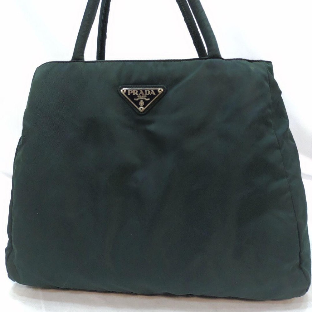 Prada Green Nylon Tote Bag with Triangle Logo and 2 Compartments