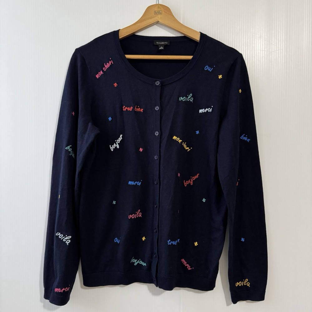 Talbots Charming Embroidered Cardigan Sweater Button Front Cotton Blend Sz M