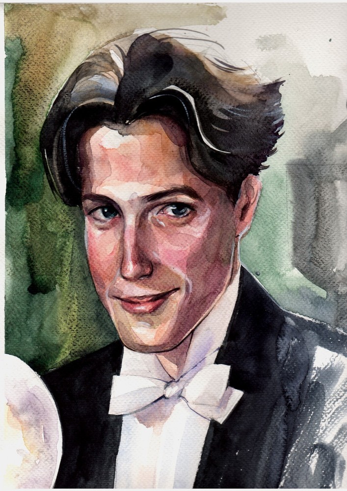 Original Watercolor Painting Vintage Young Man Portrait Handpainted Wall Art