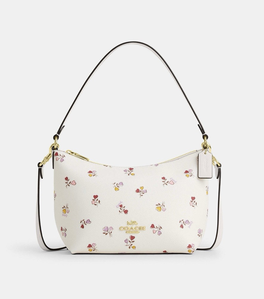 COACH CW392 Zip Top Shoulder Bag With Heart Print Coated Canvas & Leather Chalk