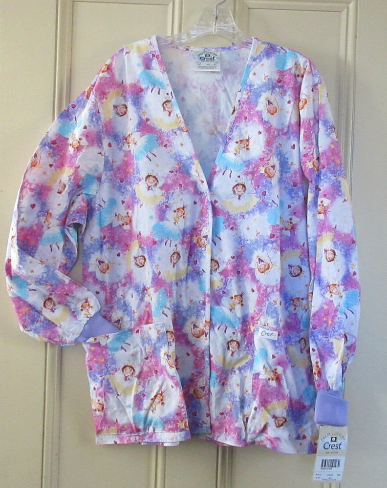 Crest 100% Cotton Large Snap Front Scrub Top Lab Coat Fairy Princess Dancer NWT
