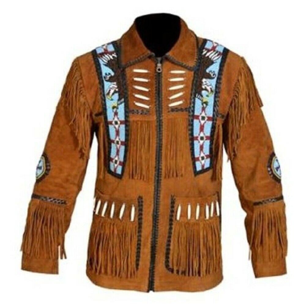 Rapid Mart Mens Western Cowboy Fringe Suede Leather Jacket XS