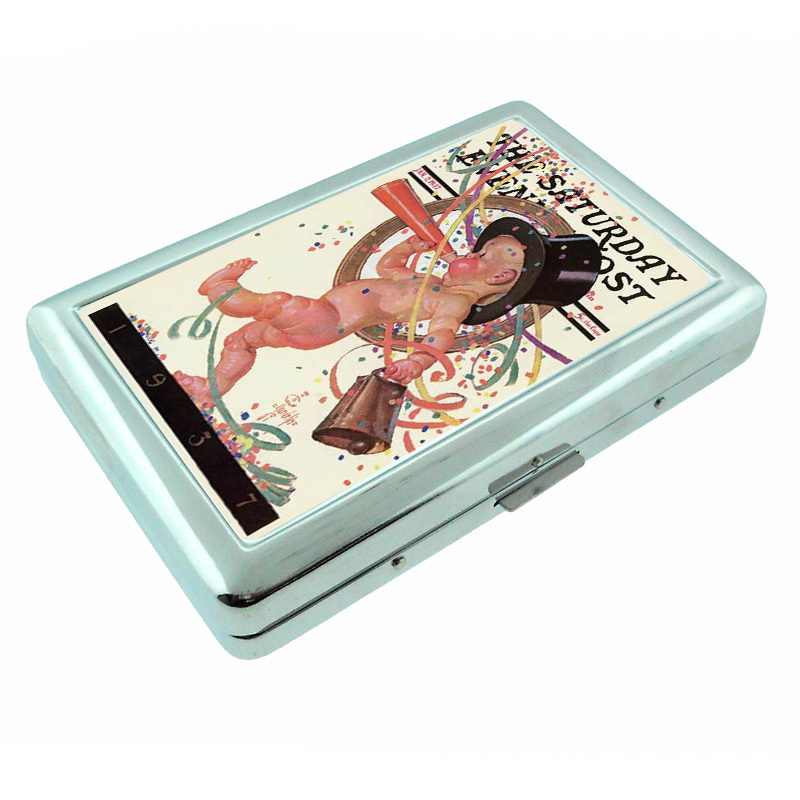 Vintage New Years Eve D15 Silver Metal Cigarette Case RFID Protection Wallet-image