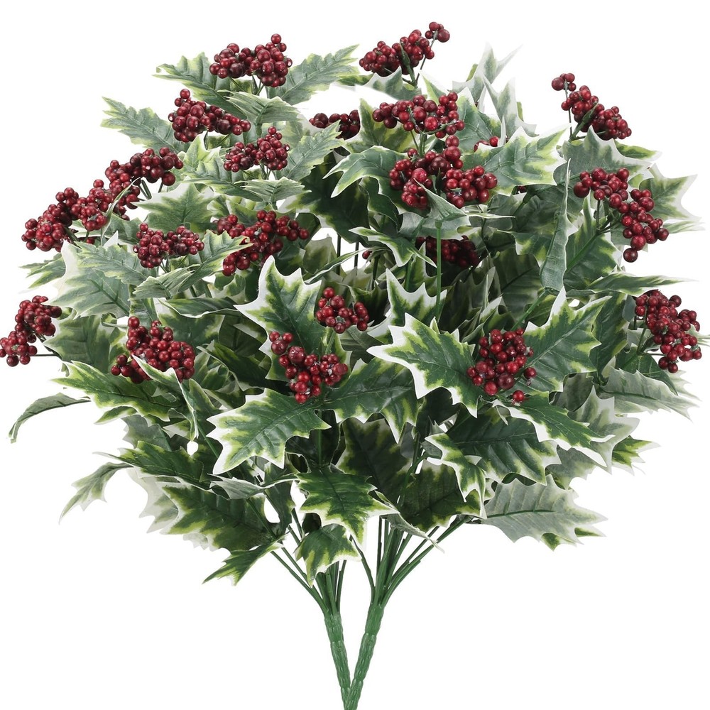 13 Stem Artificial Holly Leaves Fake Christmas Flowers with Holly Christmas H...
