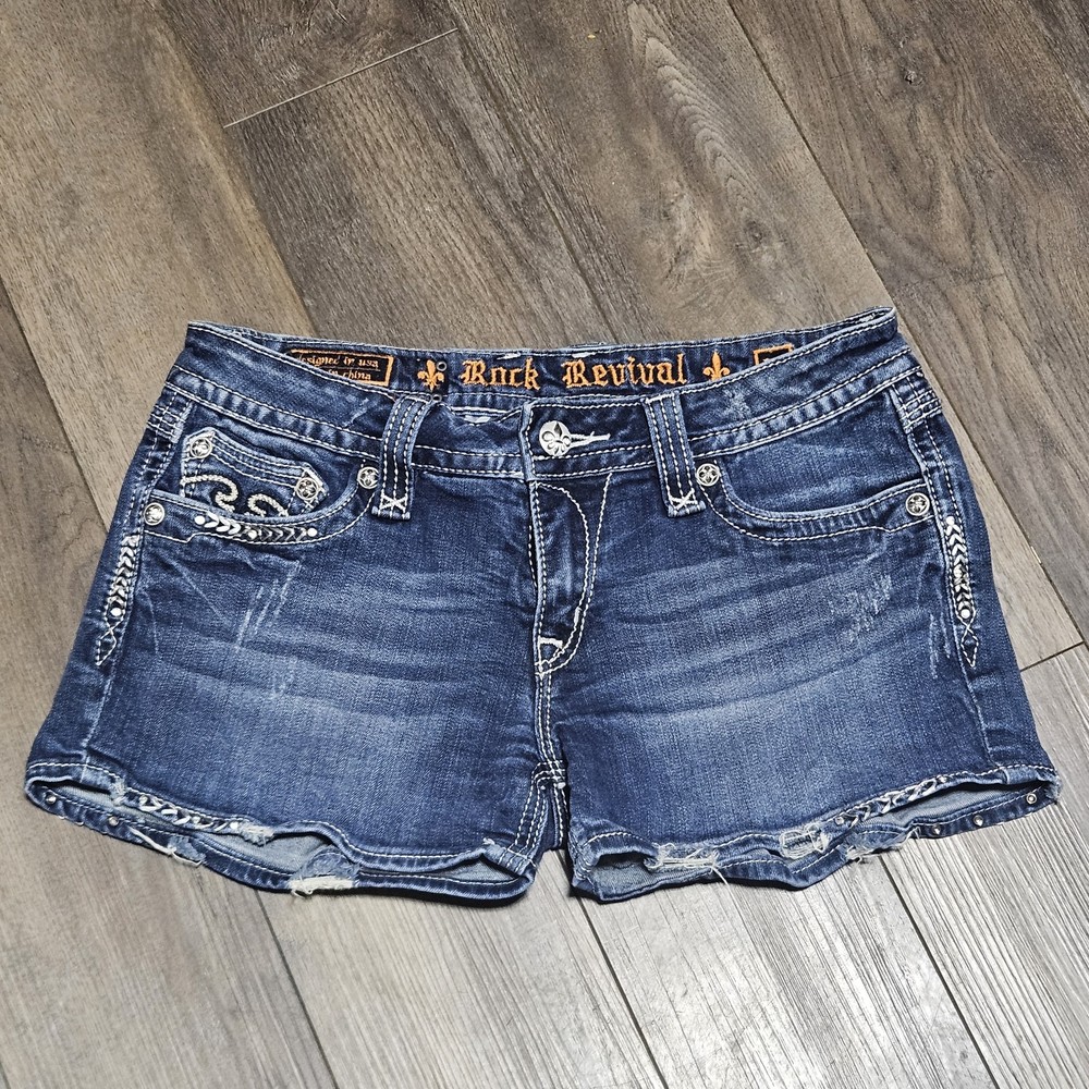 Rock Revival Shorts Womens 30 Denim Erin Distressed Embroidered Thick Stitch