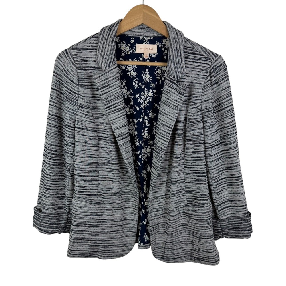 Skies are Blue Striped Knit Blazer Small Grey Jacket Floral Lined Stretch Office