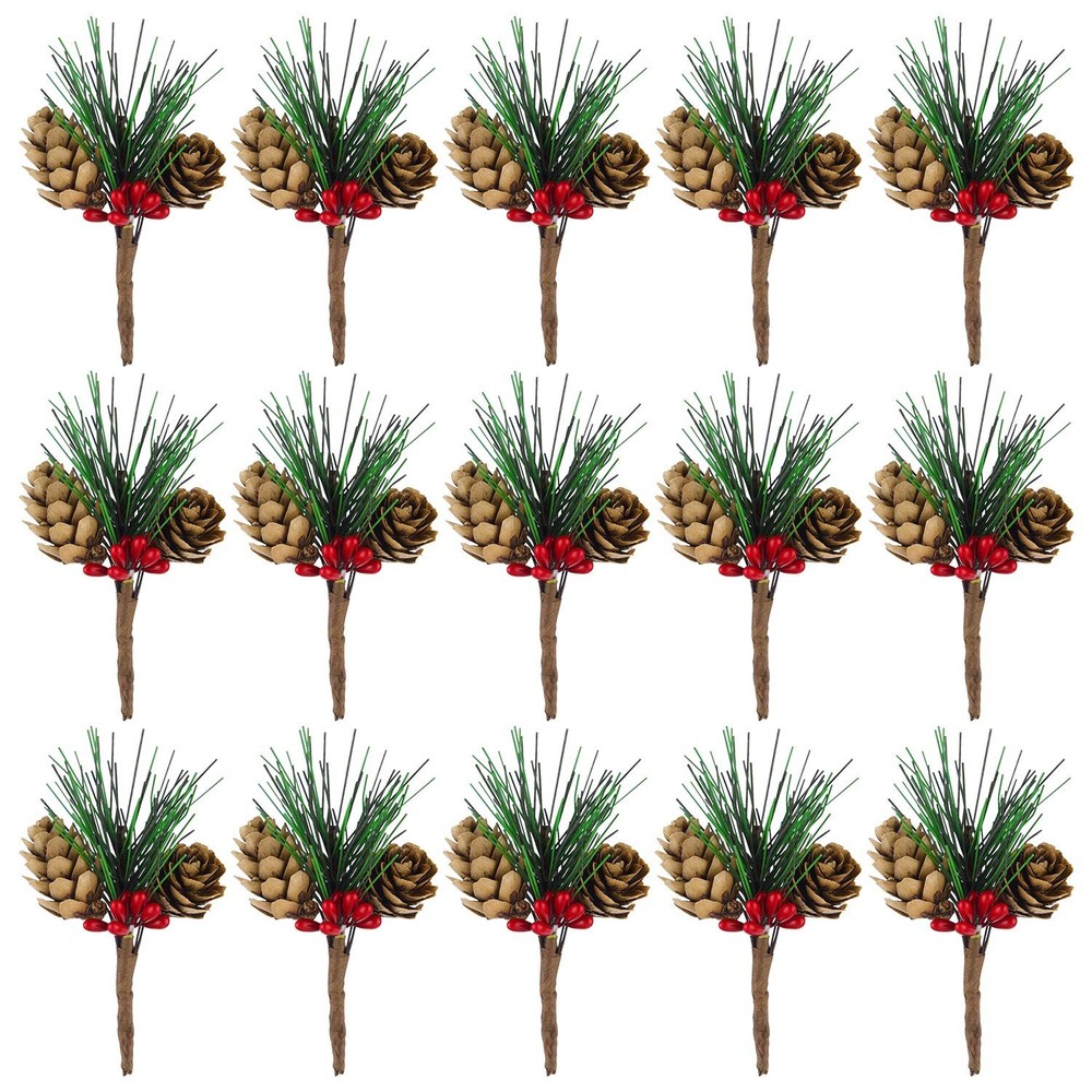 New Best CHRORINE 15 Pcs Artificial Pine Cone Picks and Red Berry Mini Tree for