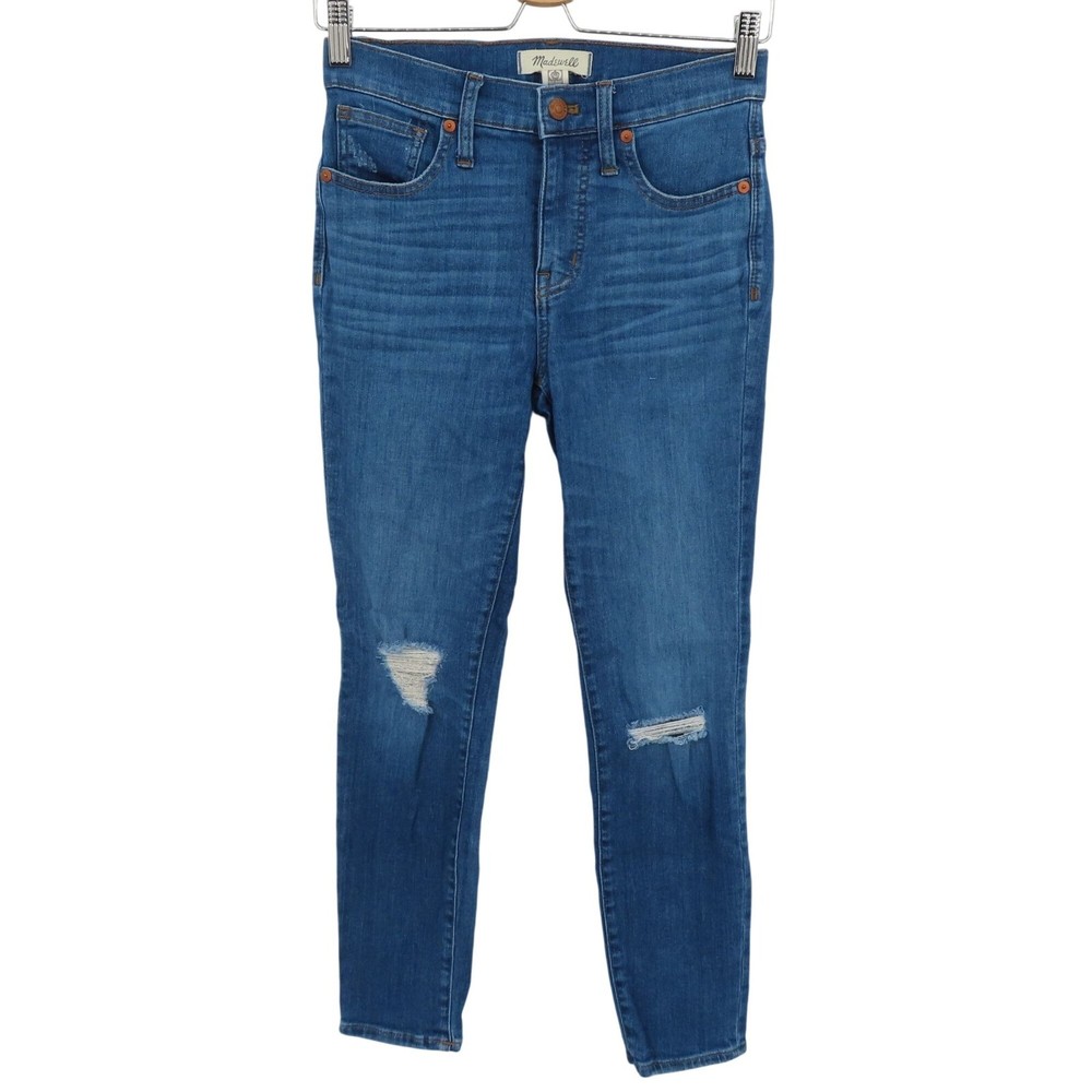 Madewell Womens High Rise Skinny Crop Jeans in Distressed Blue with Knee Detail