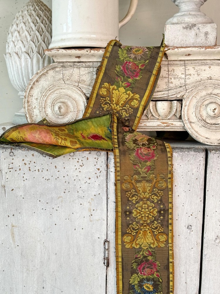 62 x4 Antique silk brocade trim border fabric timeworn muted tones aged farmhou