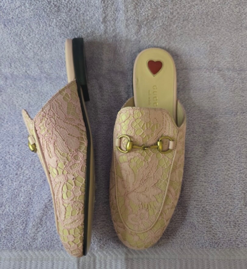 Gucci Princetown Pink Lace Leather Mule Loafers Size 36 US 6