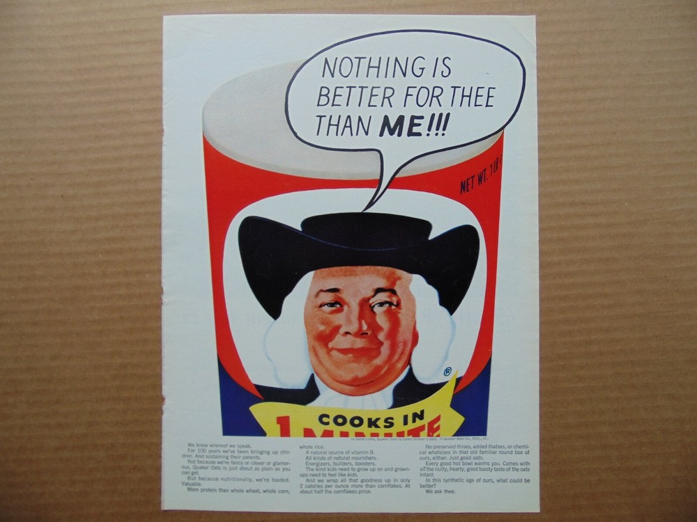 1965 QUAKER 1-Minute Oatmeal Nothing Is Better For Thee Than Me! art print ad