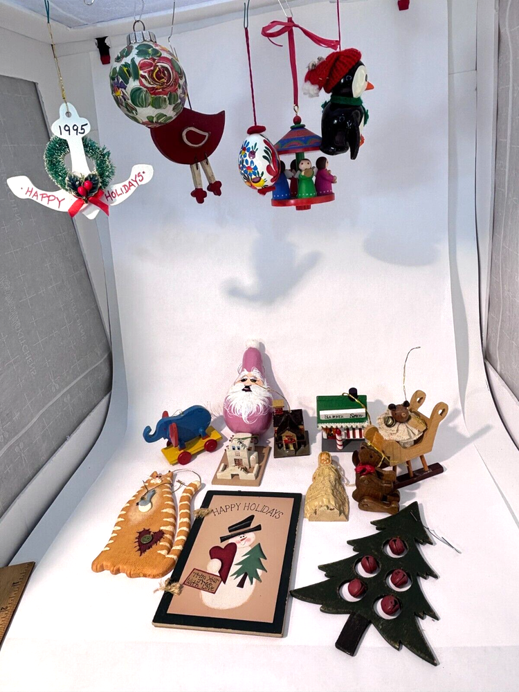 17 Assorted Wooden Christmas Ornaments Bears Trees Birds Hand Painted Carousel