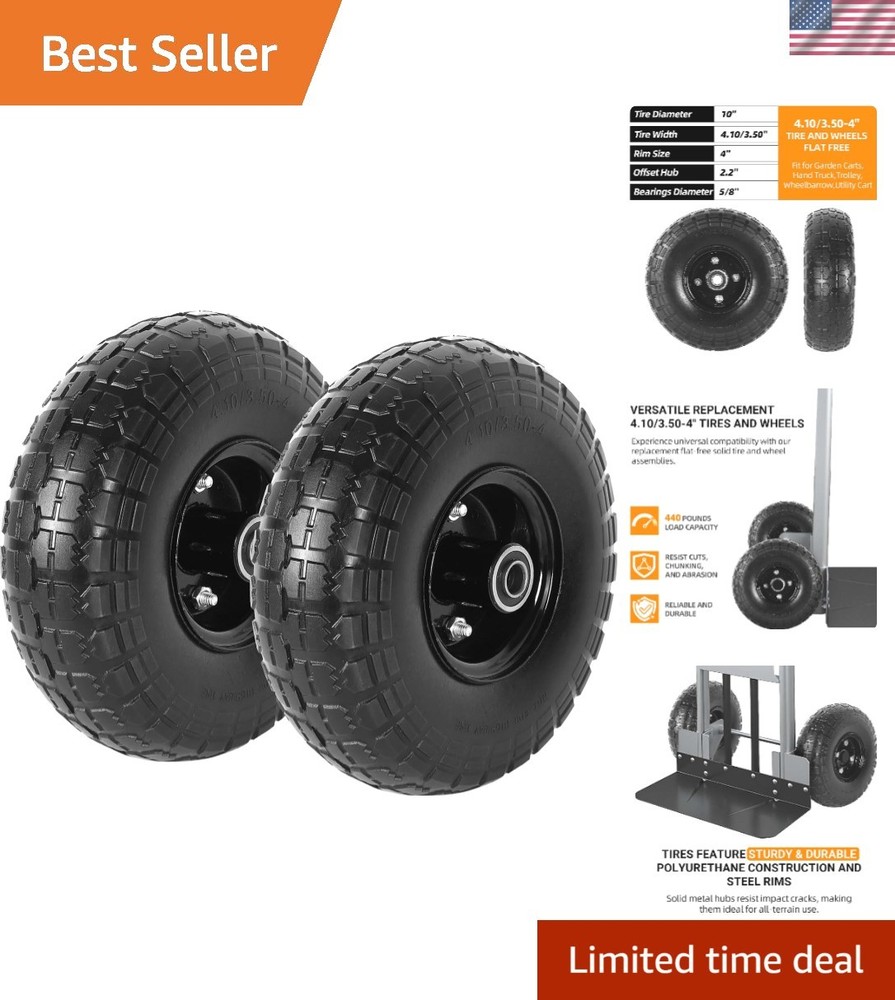 2-Pack 10-Inch Flat-Free Solid Tire Wheels - Ideal for Garden Carts & Wheelba...