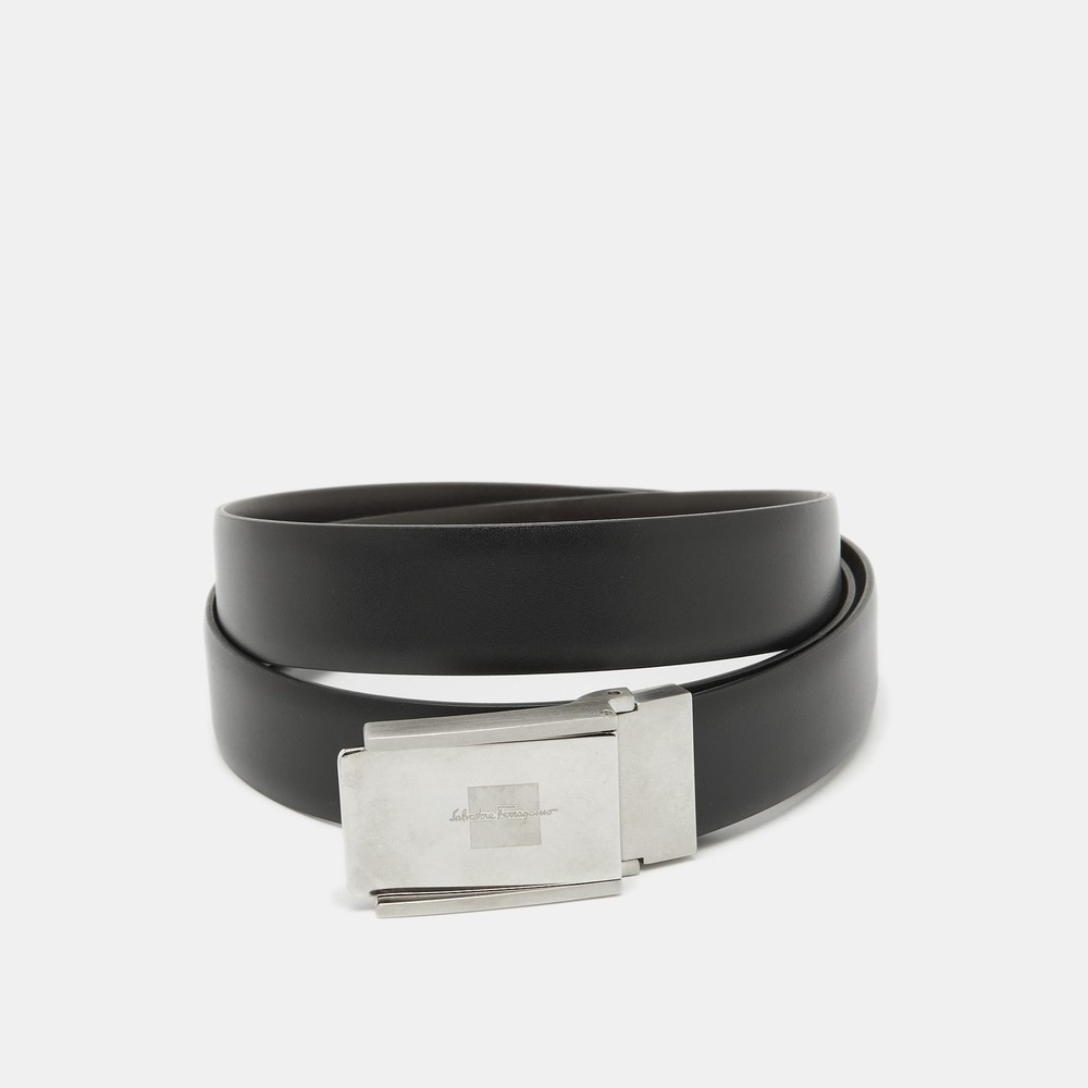 Salvatore Ferragamo Adjustable Black Dark Brown Leather Buckle Belt