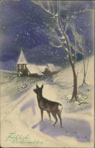 Ansichtskarte Weihnachten um 1920? Landschaft Dorf Reh  (9867)