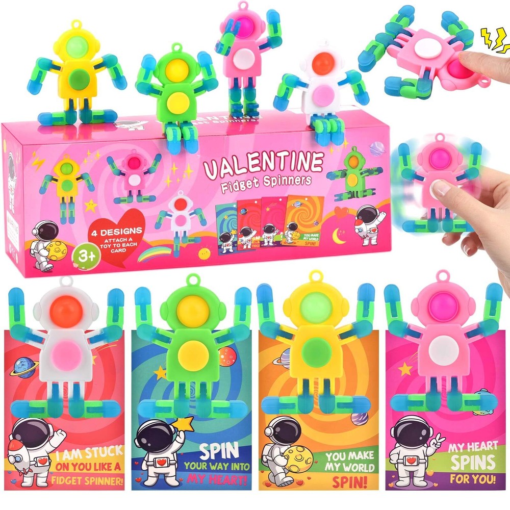 28-Pack Valentine's Day Gifts for Kids – Astronaut Finger Spinners with Cards...