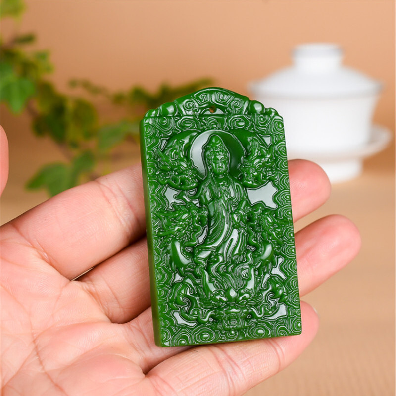 Natural Spinach Green Jade Hand Carved Guanyin Bodhisattva Dragon Pendant M07681  